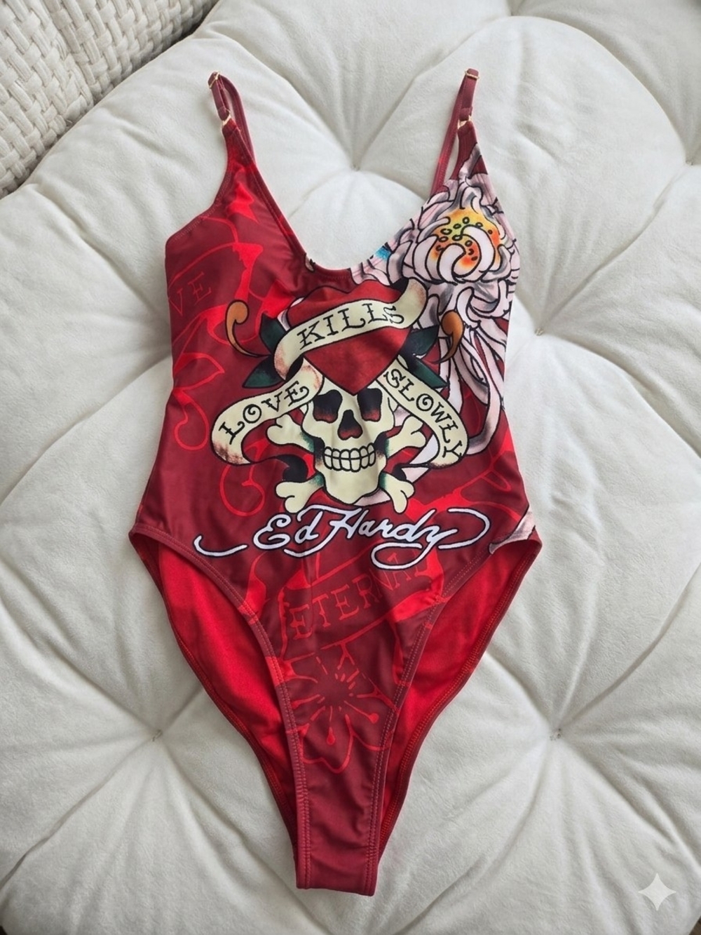 Ed Hardy Red Skull & Floral Graphic One-Piece Swimsuit